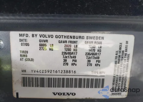 2006 Volvo Xc90 2.5T from USA, damaged, VIN YV4CZ592161238816